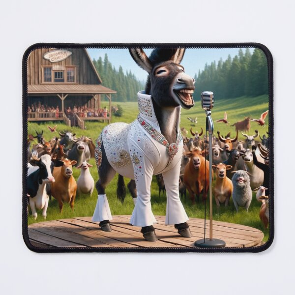 Item preview, Donkey, dressed in a typical Elvis costume with sparkling gems and a high pompadour, stands on a wooden stage in the middle of a green meadow designed and sold by AndreaMart.
