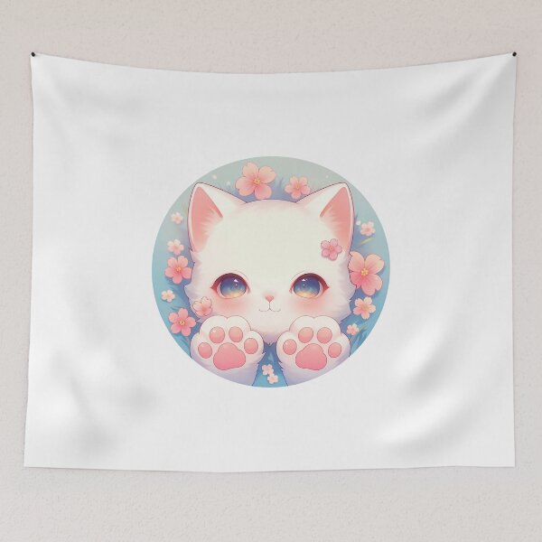 Item preview, Cute Kawaii Happy Cat Kitty Paws and Flowers designed and sold by CozyKawaiiArt.
