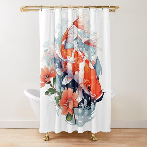 Koi Carp Fish Couple Swimming Shower Curtain with Cherry Blossom