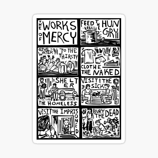 Aperçu de l'œuvre Les œuvres de Miséricorde Linocut Image créée et vendue par SarahFullerArt.