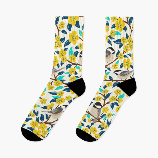 Item preview, Chickadee birds among the yellow flowers designed and sold by Jennifer Ladd.