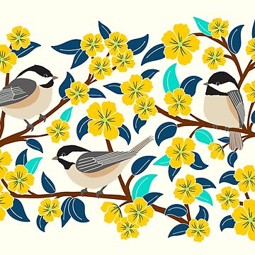 Artwork thumbnail, Chickadee birds among the yellow flowers by Jennifer Ladd