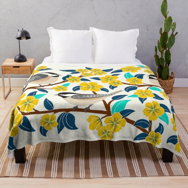 Item preview, Chickadee birds among the yellow flowers designed and sold by Jennifer Ladd.