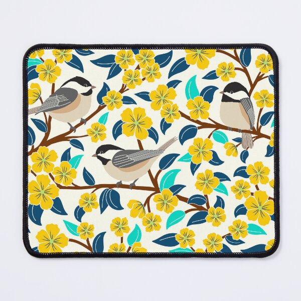 Item preview, Chickadee birds among the yellow flowers designed and sold by Jennifer Ladd.