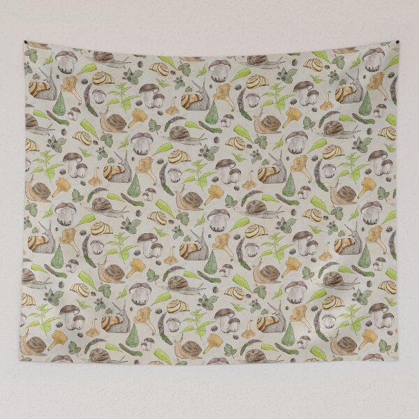 Item preview, Woodland Snail in Watercolor Fungi Forest, Moss Green and Ochre Animal Pattern  designed and sold by Limolida.
