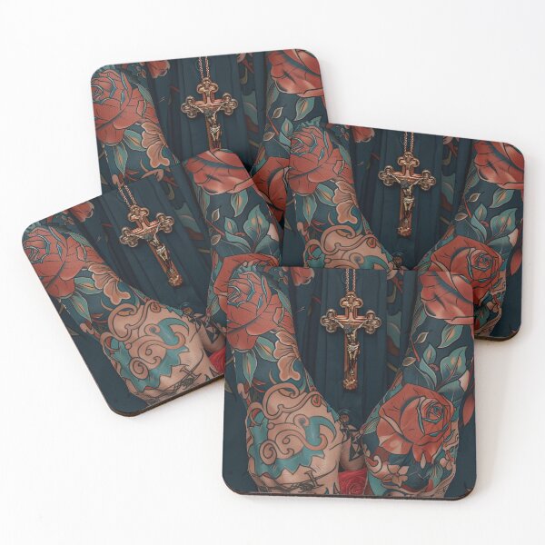 Item preview, photorealistic traditional tattooed man in dark blue with rosary designed and sold by 33wolvesdesigns.