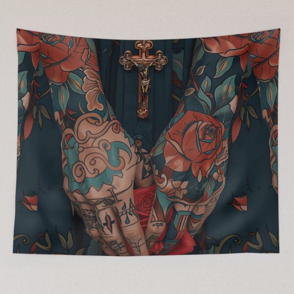 Item preview, photorealistic traditional tattooed man in dark blue with rosary designed and sold by 33wolvesdesigns.