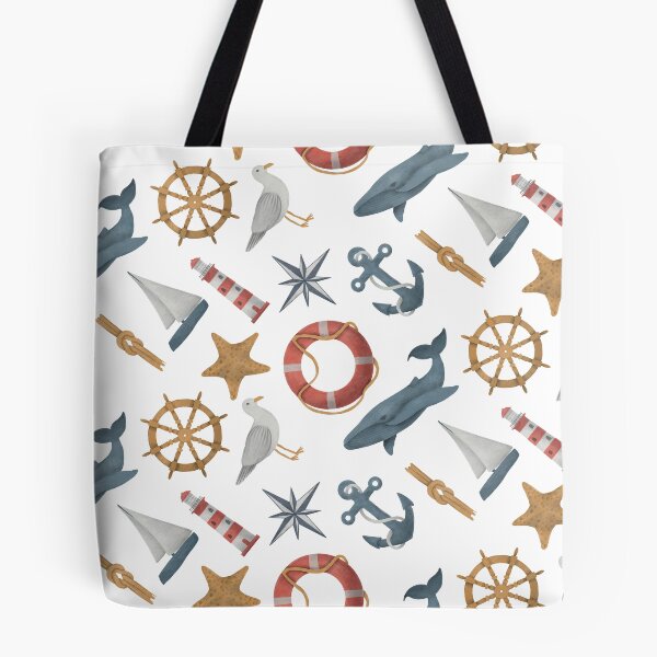 Item preview, Nautical Watercolor Whale Wheel Lighthouse Sailboat Boat Star Fish Anchor Compass Seagull designed and sold by Sarcastic Narwhal.