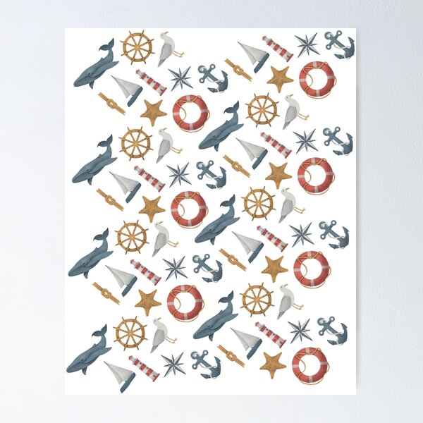 Item preview, Nautical Watercolor Whale Wheel Lighthouse Sailboat Boat Star Fish Anchor Compass Seagull designed and sold by Sarcastic Narwhal.