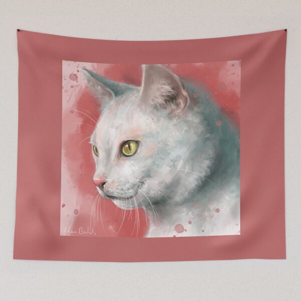 Item preview, Painting of a Gorgeous White Cat on Peach Shade Background designed and sold by ibadishi.
