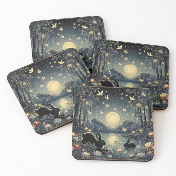 Item preview, Black Bunnies Bathing in the Lake of Fireflies under the Moonlit designed and sold by Illuministique.
