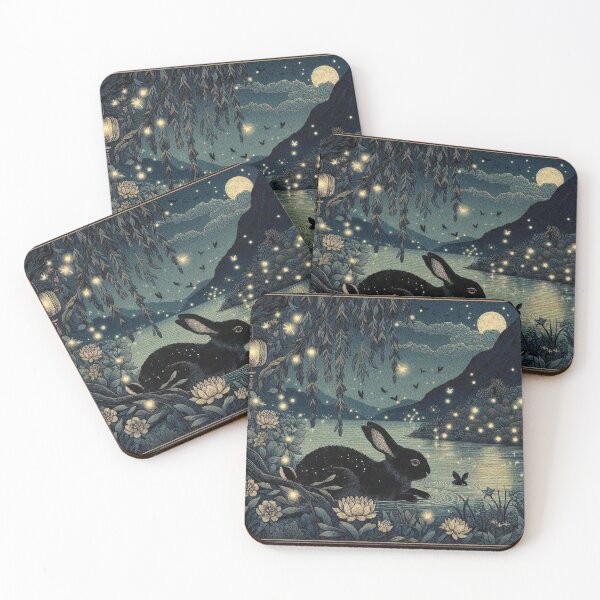 Item preview, Black Bunnies Crossing the River of Fireflies designed and sold by Illuministique.