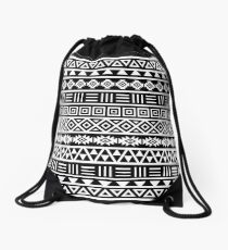 Aztec Influence Pattern II White on Black Drawstring Bag
