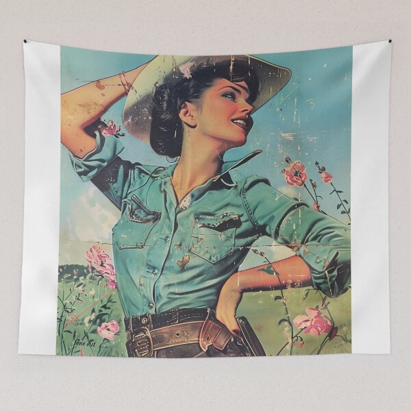 Item preview, Cowgirl Vintage Art Mid Century Blue Artwork For Rustic Home living Room Wall Decor Vintage Themed Wall Art For Wall Hanging Western Cowboy designed and sold by 33wolvesdesigns.