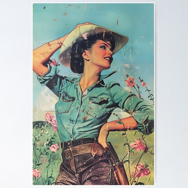 Item preview, Cowgirl Vintage Art Mid Century Blue Artwork For Rustic Home living Room Wall Decor Vintage Themed Wall Art For Wall Hanging Western Cowboy designed and sold by 33wolvesdesigns.