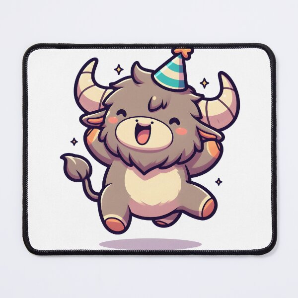 Item preview, Kawaii Delightful Minotaur With Party Hat Jumping With Joy designed and sold by CanvasCutie.