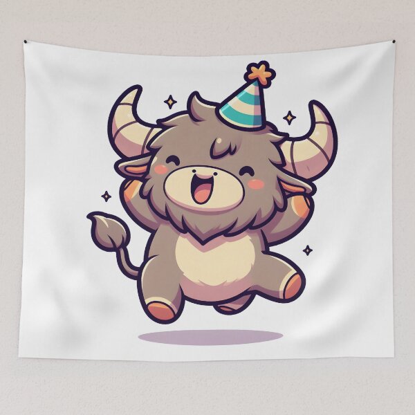 Item preview, Kawaii Delightful Minotaur With Party Hat Jumping With Joy designed and sold by CanvasCutie.