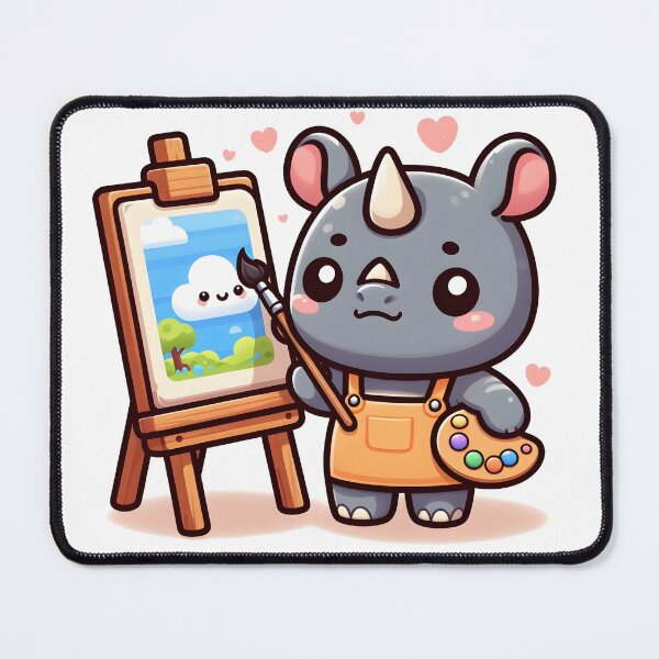 Item preview, Kawaii Rhino Painting On An Easel With An Artist'S Smock designed and sold by CanvasCutie.