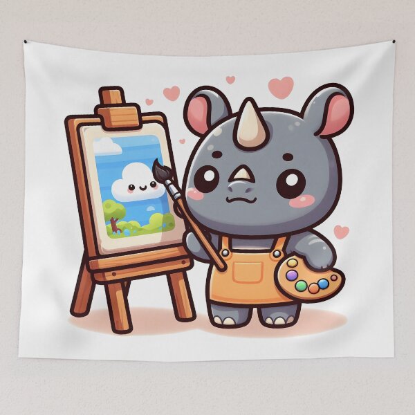 Item preview, Kawaii Rhino Painting On An Easel With An Artist'S Smock designed and sold by CanvasCutie.