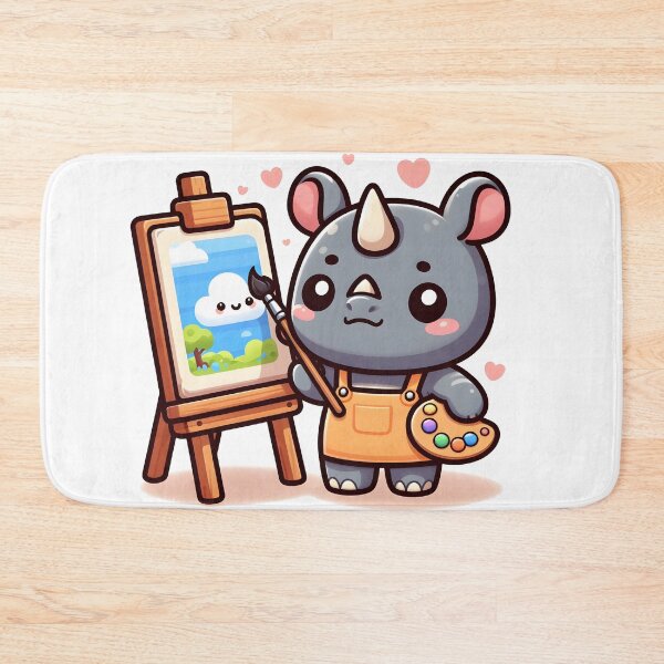 Item preview, Kawaii Rhino Painting On An Easel With An Artist'S Smock designed and sold by CanvasCutie.
