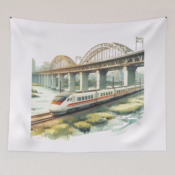 Item preview, High-Speed Train Sketch Over Scenic River Bridge ,  designed and sold by PaintMeWorld.