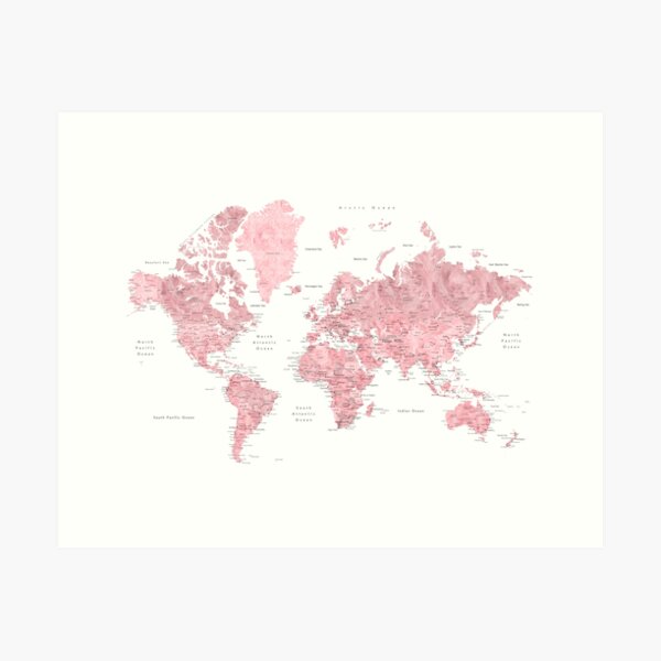 Light pink and muted pink world map with cities Art Print