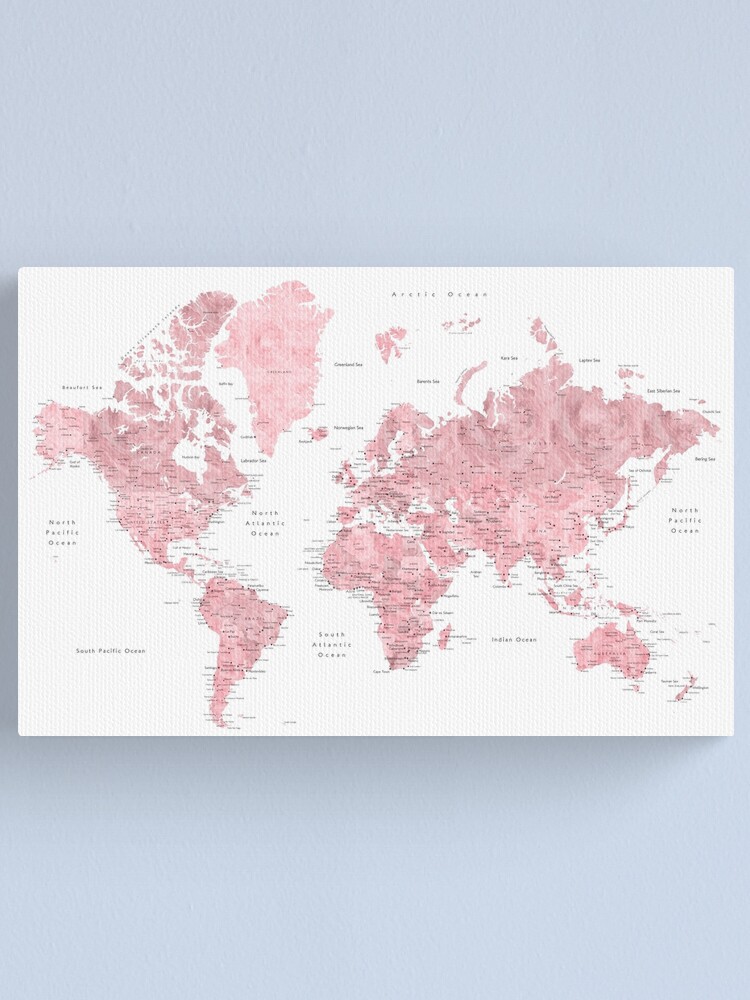 Alternate view of Light pink and muted pink world map with cities Canvas Print
