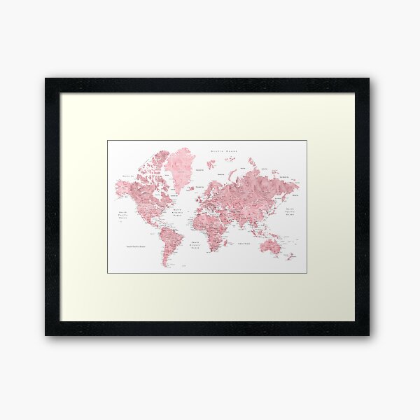 Light pink and muted pink world map with cities Framed Art Print