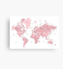 Hellrosa und gedämpfte rosa Weltkarte mit Städten Leinwanddruck