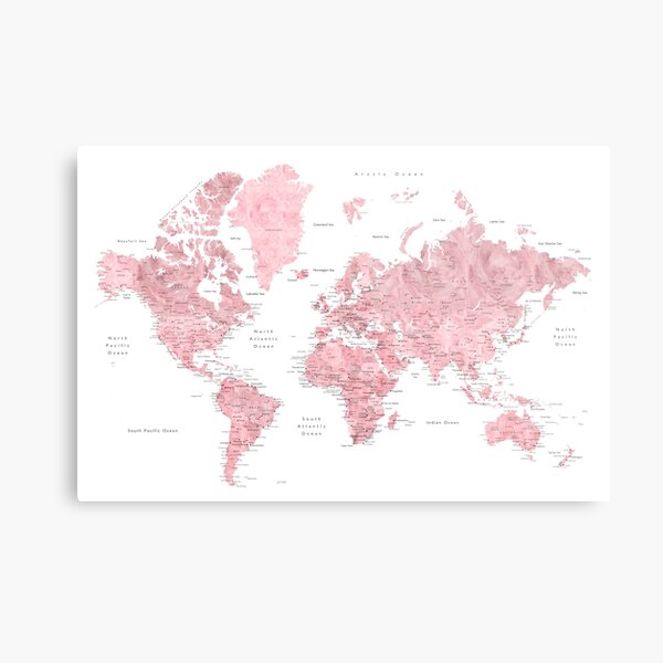 Light pink and muted pink world map with cities Metal Print