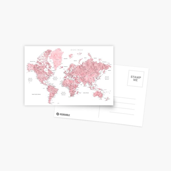 Light pink and muted pink world map with cities Postcard