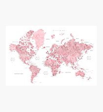 Light pink and muted pink world map with cities Photographic Print