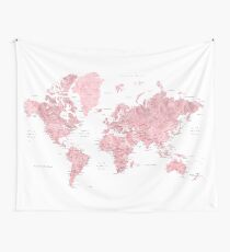 Light pink and muted pink world map with cities Wall Tapestry