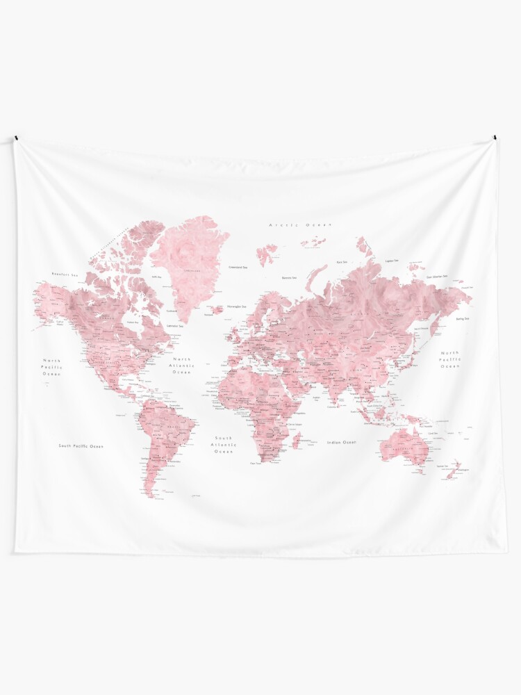Alternate view of Light pink and muted pink world map with cities Tapestry
