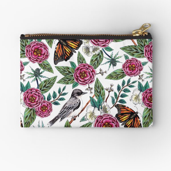 Birds & Butterflies - Pink & Green Floral/Botanical/Nature-Inspired Pattern Zipper Pouch