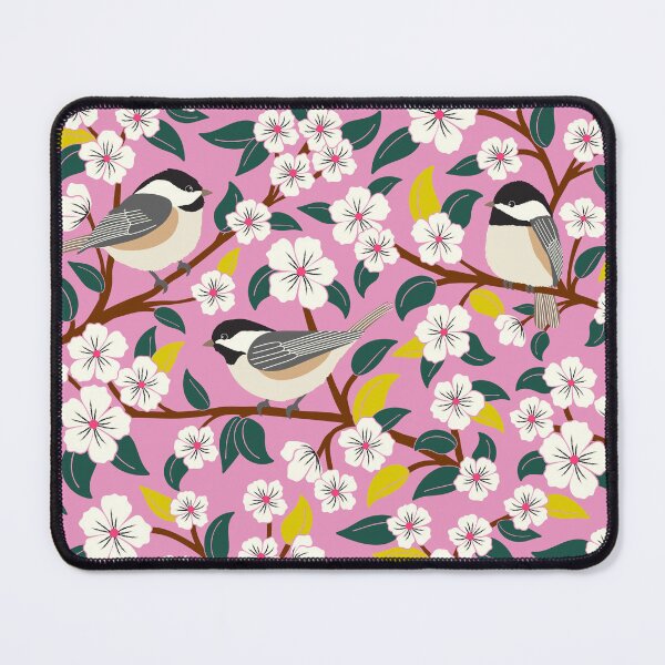 Item preview, Chickadee birds among the flowers on pink designed and sold by Jennifer Ladd.