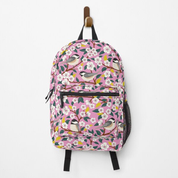 Item preview, Chickadee birds among the flowers on pink designed and sold by Jennifer Ladd.