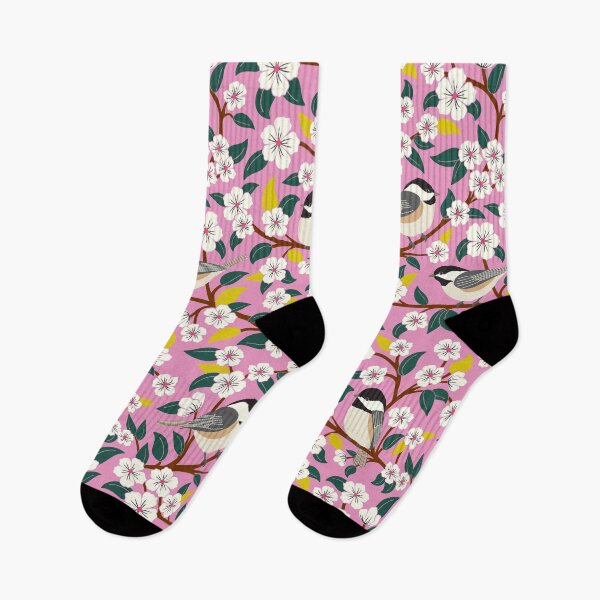 Item preview, Chickadee birds among the flowers on pink designed and sold by Jennifer Ladd.