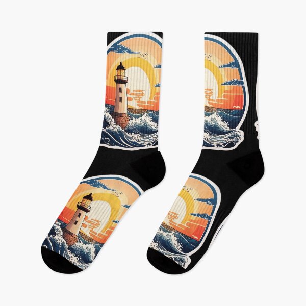 Item preview, Sunset Lighthouse by the Ocean with Splashing Waves designed and sold by NautiChic.