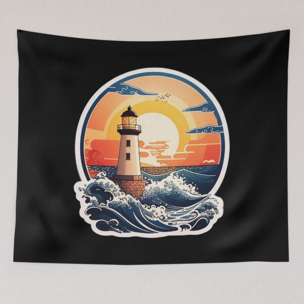 Item preview, Sunset Lighthouse by the Ocean with Splashing Waves designed and sold by NautiChic.