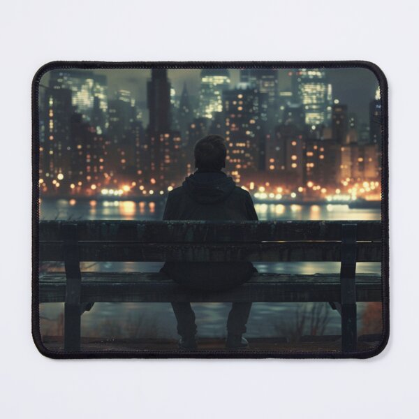 Item preview, Nostalgic Night: Young Man Contemplating City Lights on Bench designed and sold by zax454.