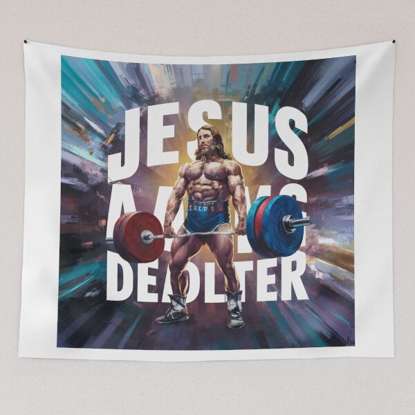 Item preview, "JESUS THE ULTIMATE DEAD LIFTER " FUNNY JESUS GYMING .jesus with six pack designed and sold by Obinne.
