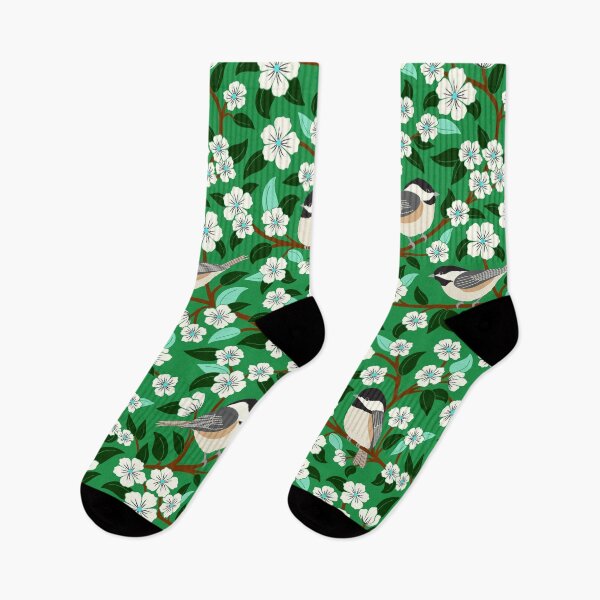 Item preview, Chickadee birds among the flowers on green designed and sold by Jennifer Ladd.