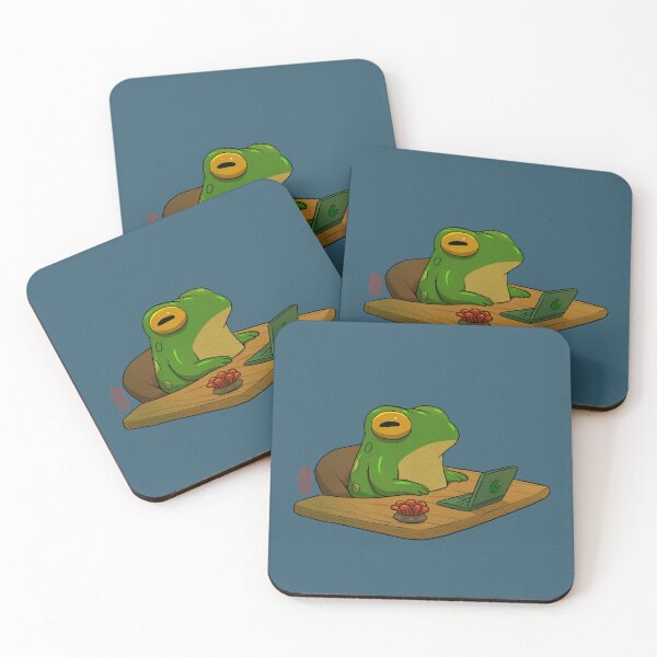 Item preview, cute frog zoning out at desk work from home asian artwork designed and sold by DingHuArt.