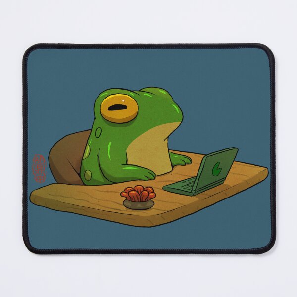 Item preview, cute frog zoning out at desk work from home asian artwork designed and sold by DingHuArt.