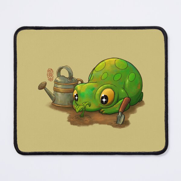 Item preview, cute frog looking at sprouting plant from garden beginning of spring designed and sold by DingHuArt.