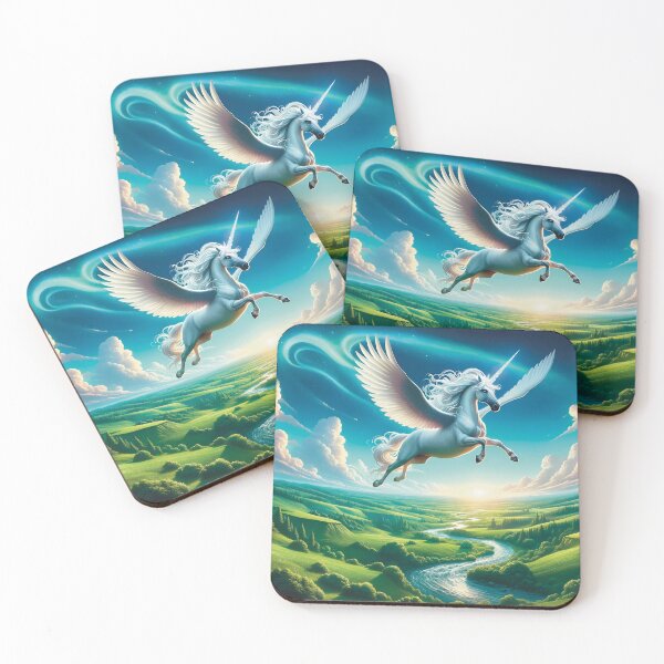 Item preview, Mythical unicorn flying over lush landscape painting designed and sold by lozsart.