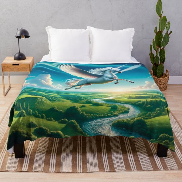 Item preview, Mythical unicorn flying over lush landscape painting designed and sold by lozsart.