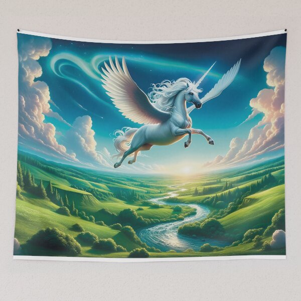 Item preview, Mythical unicorn flying over lush landscape painting designed and sold by lozsart.
