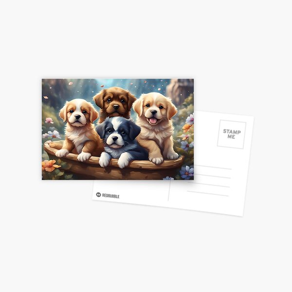 Item preview, Cute puppies in a basket on a flower meadow  designed and sold by MarionsArt.